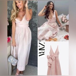 ZARA VOLUMINOUS MIDI DRESS WITH BOW BELT PINK